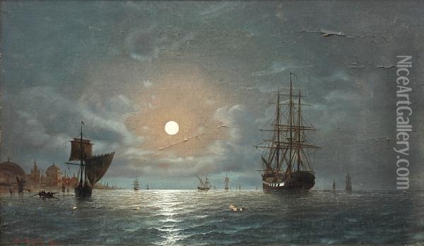 Shipping By Moonlight Overconstantinople Oil Painting - Edward Hoyer