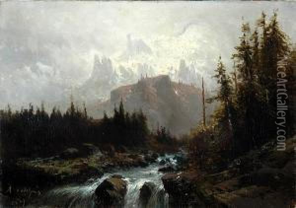River In A Mountainous Landscape Oil Painting - Alfred Godchaux