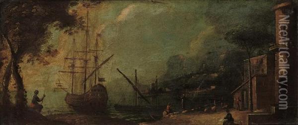 A Mediterranean Coastal Inlet With Shipping In A Harbour Oil Painting - Claude-joseph Vernet