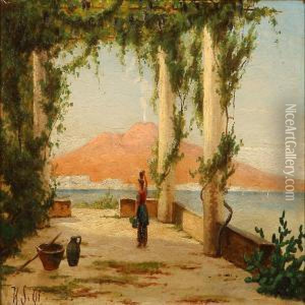 En Loggia Ved Neapel Oil Painting - Harald Peter W. Schumacher