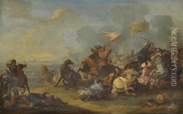 Two Battle Scenes Between Christians And Saracens Oil Painting - Francesco Giuseppe Casanova