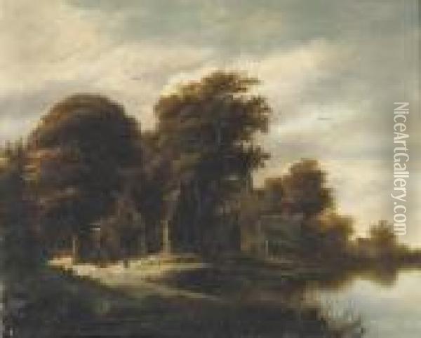 A Wooded River Landscape With Figures Outside A Cottage Oil Painting - Salomon Rombouts