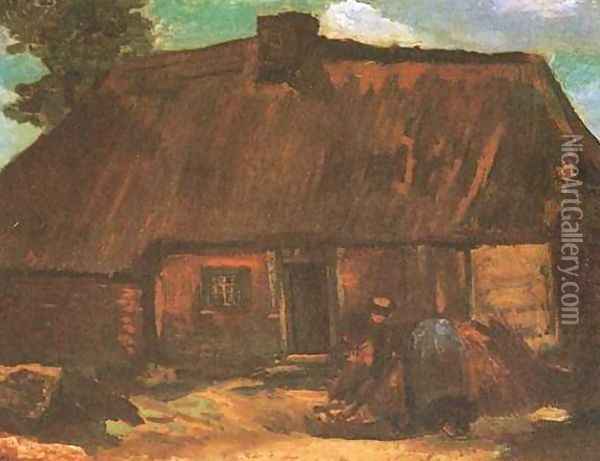 Cottage With Peasant Woman Digging Oil Painting - Vincent Van Gogh