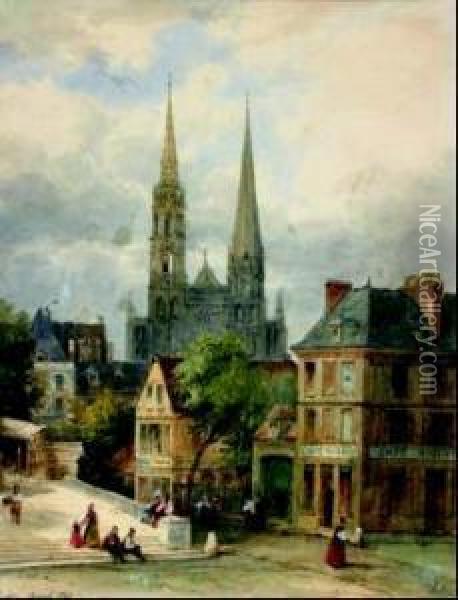 Vue Animee De La Tour Saint-ouen A Rouen Oil Painting - Pierre Justin Ouvrie