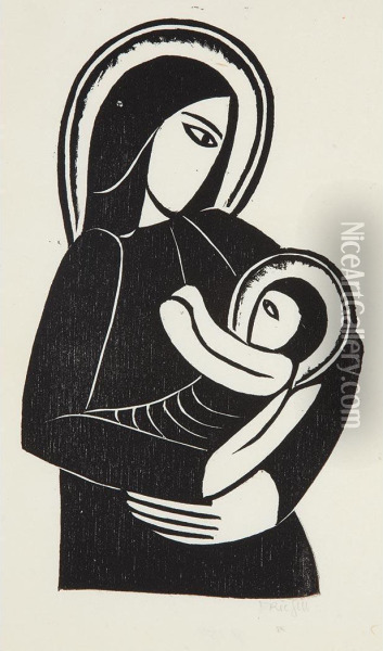 The Holy Face; Madonna And Child Oil Painting - Eric Gill
