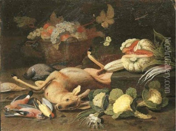 Still Life With A Fawn, A Pigeon, Jays, A Woodpecker, A Thrush, Cabbages, Onions, An Artichoke, A Melon, A Basket With Grapes And Apples, And A Butterfly Oil Painting - Jan van Kessel the Younger