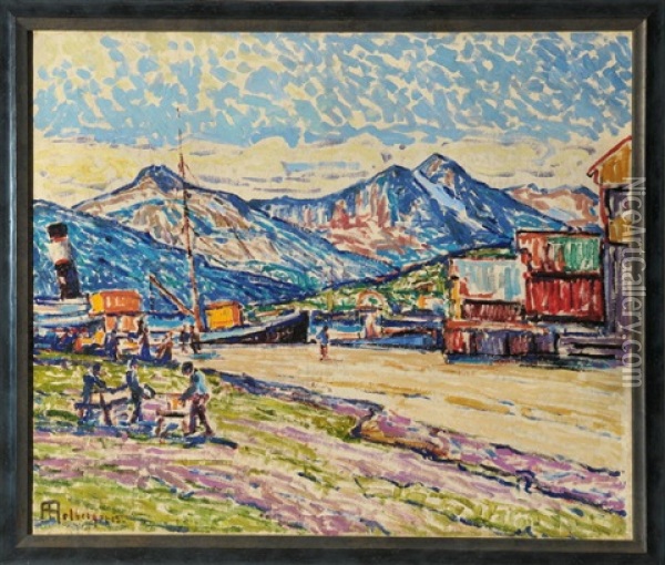 Fjordlandschaft Mit Fischerbooten In Einem Kleinen Dorf Oil Painting - Alfred Hermann Helberger