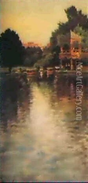 Old Boathouse In Central Park Oil Painting - James Carroll Beckwith