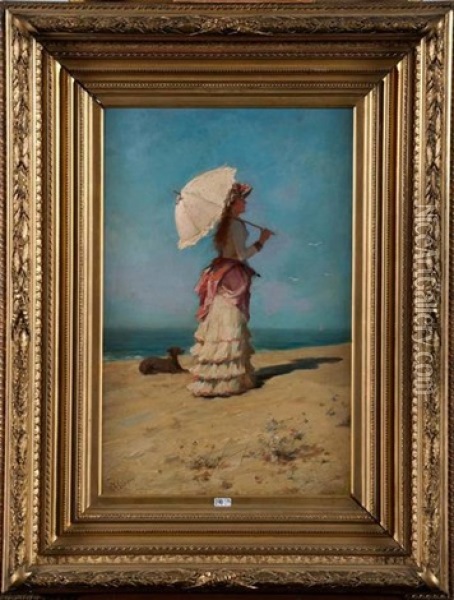 Elegante A L'ombrelle Sur La Plage Oil Painting - Eugene Verdyen