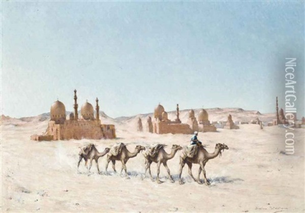 A Camel Train Before A Town In The Desert Oil Painting - Maxime Dastugue