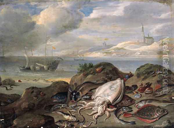 Cuttle-fish, plaice, cod, oysters, mussels and other fish on a dune, a river estuary with shipping beyond Oil Painting - Jan van Kessel