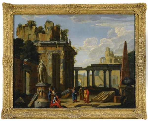An Architectural Capriccio With Classical Figures Oil Painting - Giovanni Paolo Panini