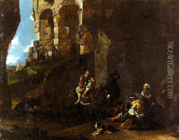 La Halte Des Bohemiens Pres Des Ruines D'un Aqueduc Oil Painting - Johannes Lingelbach
