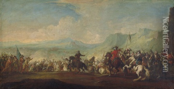 Reitergefecht Zwischen Christen Und Turken; Reitergefecht Zwischen Zwei Armeen In Einem Weiten Tal Oil Painting - Jacques Courtois