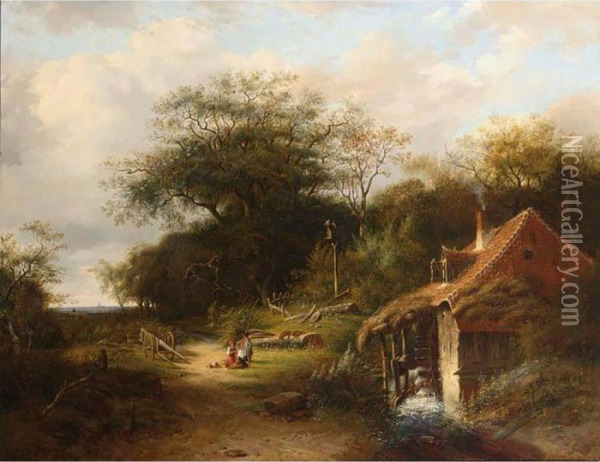 A Wooded Landscape With Travellers On A Sandy Track Near A Watermill Oil Painting - Johannes Warnardus Bilders