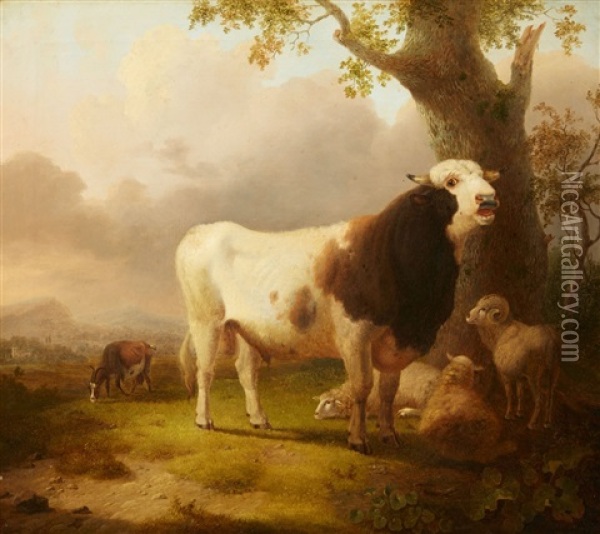 Landscape With A Bull, Sheep And A Goat Oil Painting - Pieter Gerardus Van Os