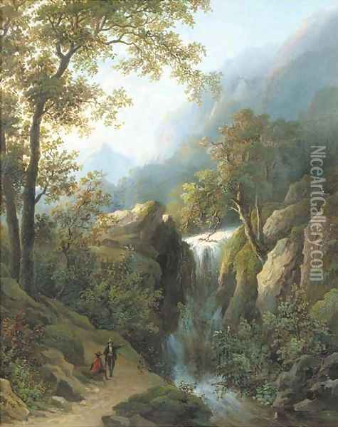 Travellers by a waterfall Oil Painting - Corstiaan Hendrikus De Swart