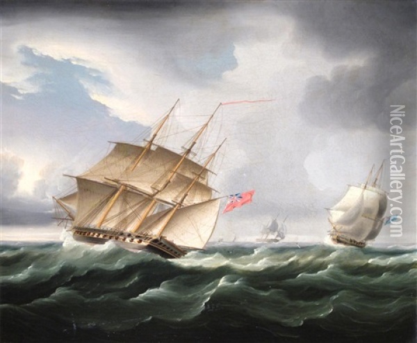 Frigates In Rough Seas Oil Painting - James Edward Buttersworth