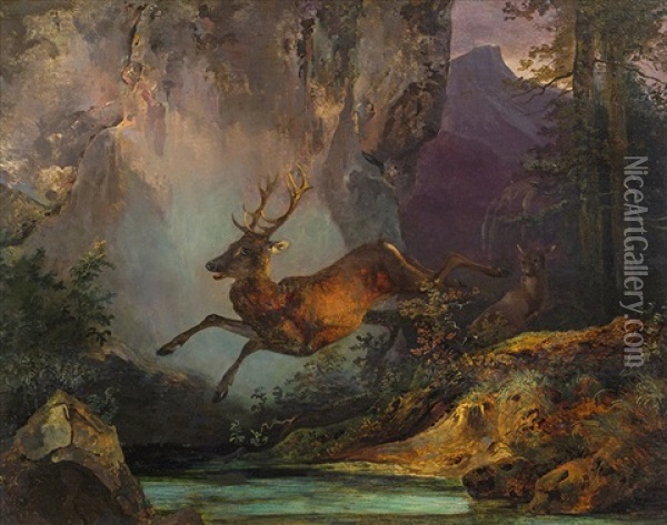 Jumping Stag Oil Painting - Friedrich Gauermann