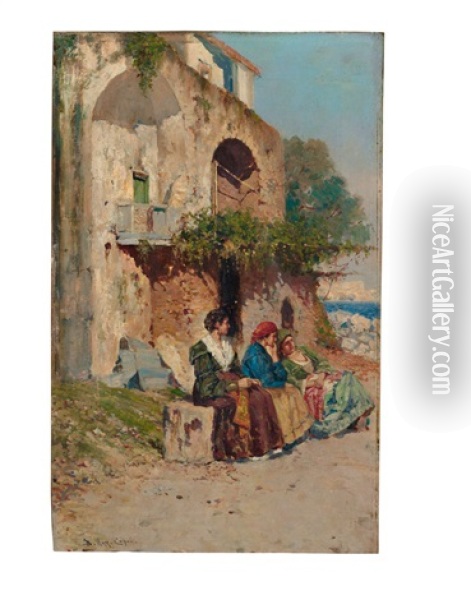 Drei Junge Frauen Vor Malerischem Haus Auf Capri, Seitlich Blick Auf Das Meer Oil Painting - Bernardo Hay