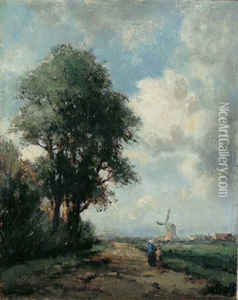 Hollandische Landschaft Mit Windmuhle Und Zwei Personen Auf Einem Weg Oil Painting - Jan Van Der Linde
