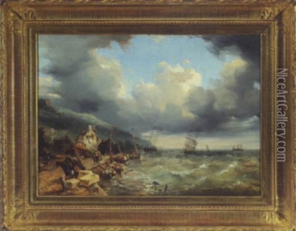 Boats In Stormy Weather Off A Northern Coast Oil Painting - Louis-Gabriel-Eugene Isabey