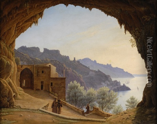 Blick Aus Einer Grotte Auf Die Kuste Von Amalfi Oil Painting - Johann Wilhelm Bruecke