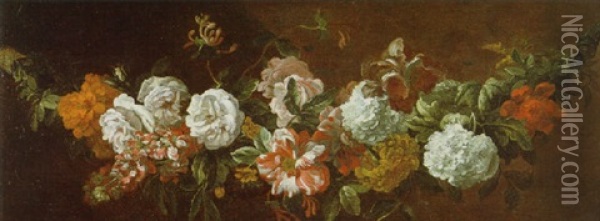Eine Blumengirlande Von Rosen, Tulpen, Schneeballen, Iris, Pfingstrosen Und Anderen Bluten Oil Painting - Pieter Casteels III