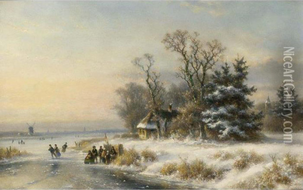 A Winter Landscape With Skaters Near A 'koek En Zopie' Oil Painting - Lodewijk Johannes Kleijn