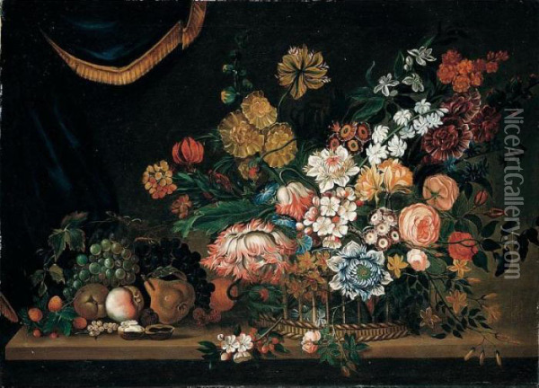 A Still Life Of Flowers And 
Fruit In A Basket, All Resting Upon A Table, A Draped Curtain Beyond Oil Painting - Pieter Hardime