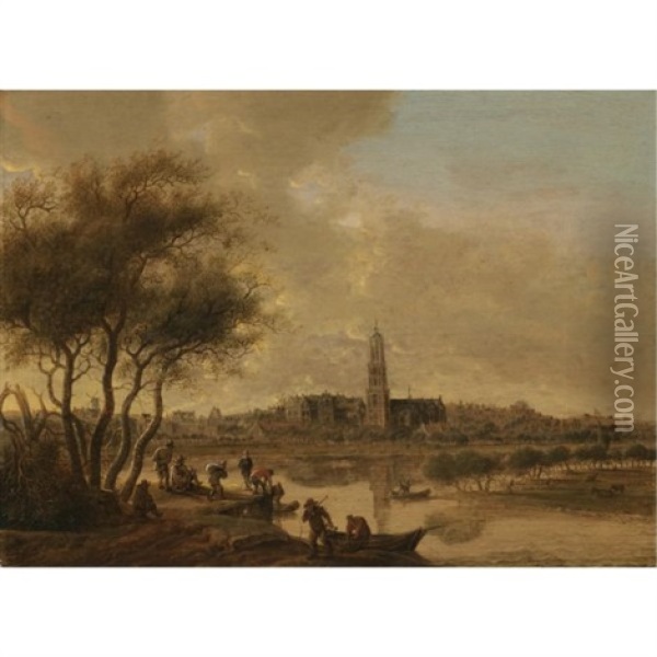 A Panoramic View Of Rhenen Seen From The South Bank Of The Nederijn, With The Church Of St. Cunera Oil Painting - Anthony Jansz van der Croos