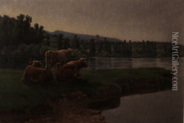 Kuhe Am Flussufer Oil Painting - Gustave Karcher