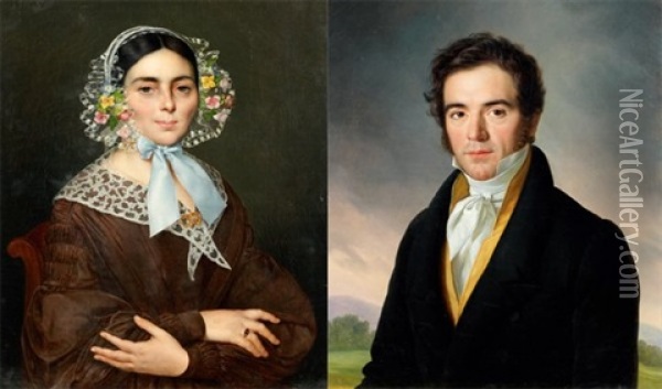 Portrait De Femme (+ Portrait D'homme Sur Fond De Paysage; Pair) Oil Painting - Jean Joseph Vaudechamp
