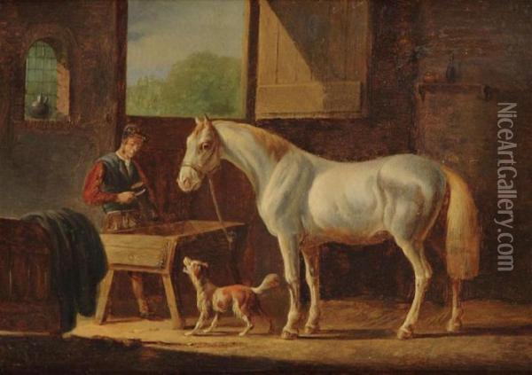 Stable Interior With Horse, Dog And Jockey Oil Painting - Albertus Verhoesen