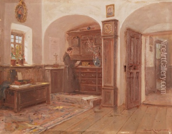 Interieur Mit Jungem Kapuziner-monch Oil Painting - Lajos Bruck
