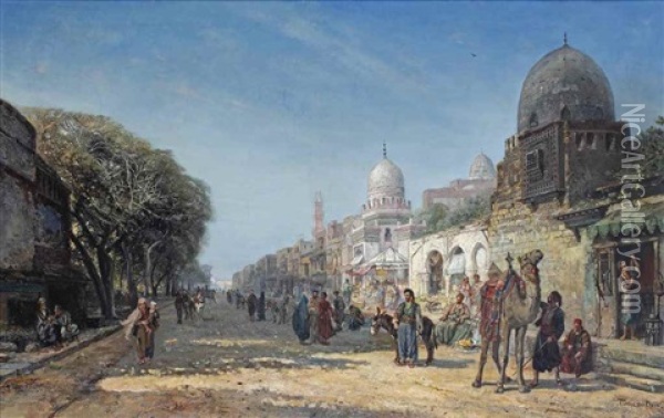 A Bustling Day In The Streets Of Cairo Oil Painting - Pierre (Henri Theodore) Tetar van Elven