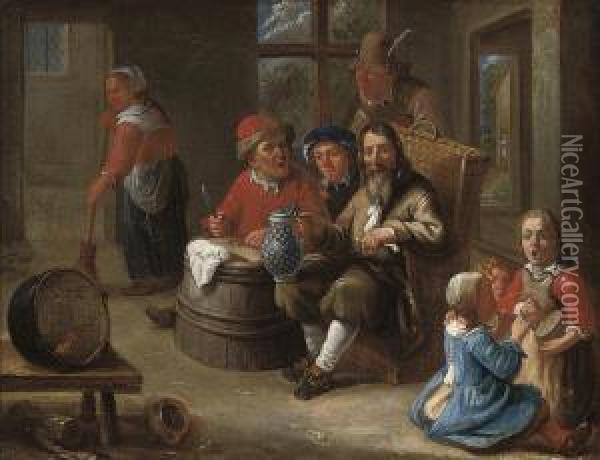 Peasants Smoking And Drinking With Children Making Music And An Oldwoman In An Interior Oil Painting - Adriaen Rombouts