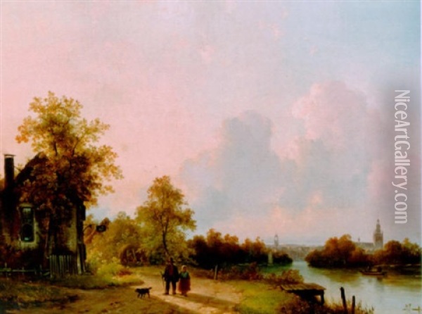 Figures By An Inn In A River Landscape Oil Painting - Lodewijk Johannes Kleijn