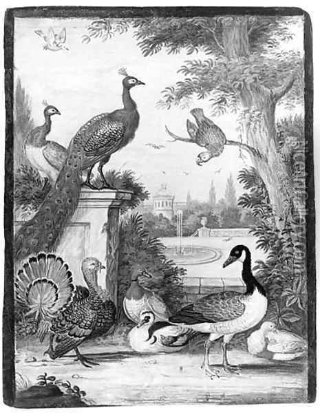 Peacocks, a Parrot, a Goose, a Turkey, Ducks and another Bird in a palatial Garden Oil Painting - Johannes Bronkhorst