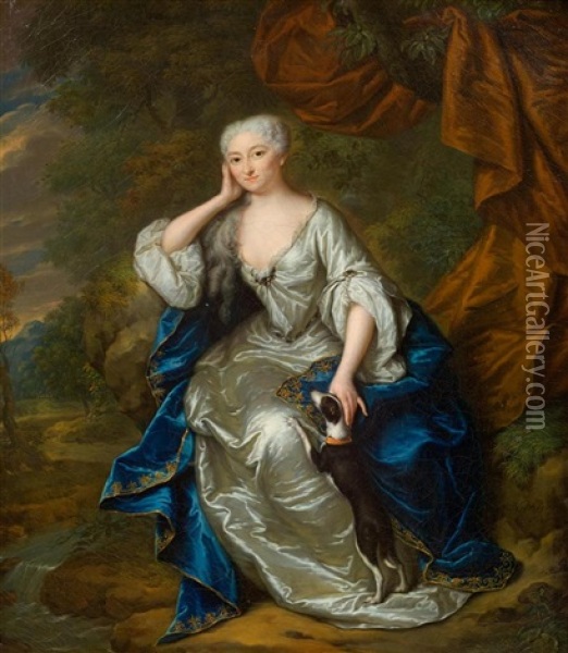 Portrat Der Jacoba Wilhelmina Van Gheel Van Spanbroeck In Edler Kleidung Mit Einem Hundchen Oil Painting - Mattheus Verheyden
