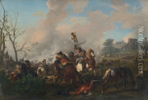 A Cavalry Battle, With A Town Beyond Oil Painting - Jan van Huchtenburg