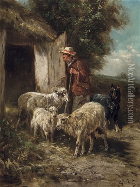 Berger Et Moutons Pres De L'etable Oil Painting - Henry Schouten