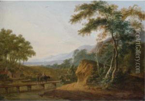 An Italianate Landscape With Two Figures On A Bridge In The Foreground Oil Painting - Hendrick Willelm Schweickhardt