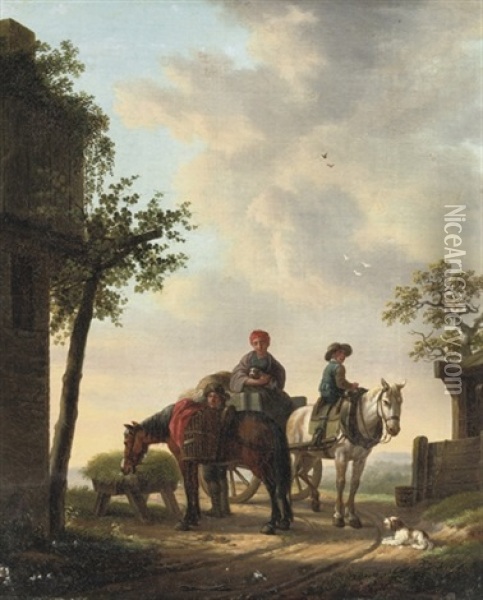 Travellers And Their Horses Halting Near A Well Oil Painting - Cornelis van Cuylenburg
