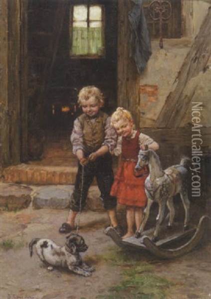 Geschwisterpaar Mit Hund Und Schaukelpferd Oil Painting - Berthold Genzmer