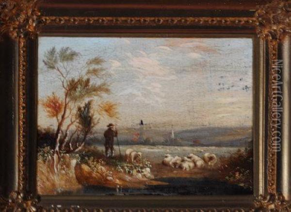 A Shepherd And Flock By A Pool With A Village And Its Church In The Distance Oil Painting - William Hull