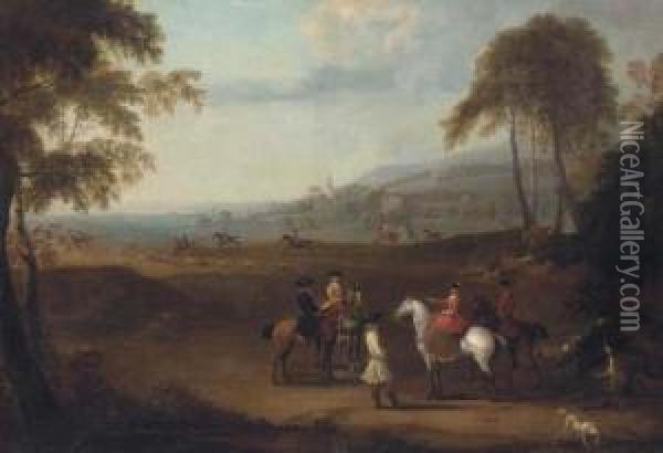 An Elegant Hunting Party In An Extensive Landscape Oil Painting - James Ross