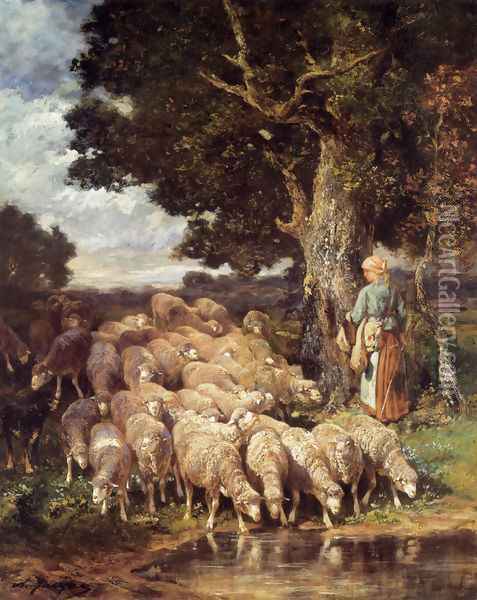 A Shepherdess with her Flock near a Stream Oil Painting - Charles Emile Jacque