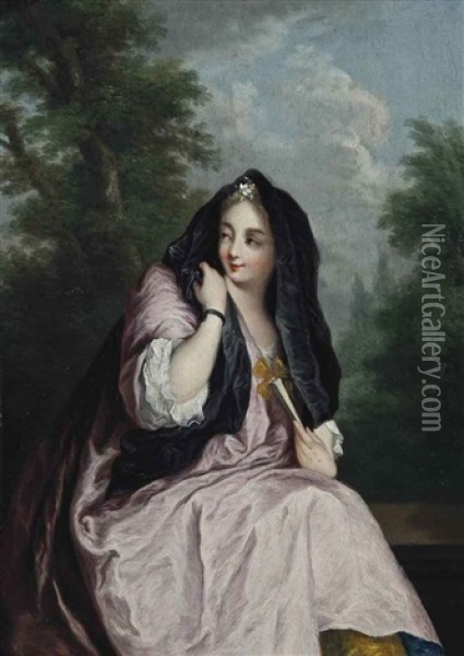 Portrait Of A Lady, Three-quarter-length, In A Pink Dress, And A Black Shawl, A Fan In Her Left Hand, Seated In A Landscape Oil Painting - Christian Wilhelm Ernst Dietrich