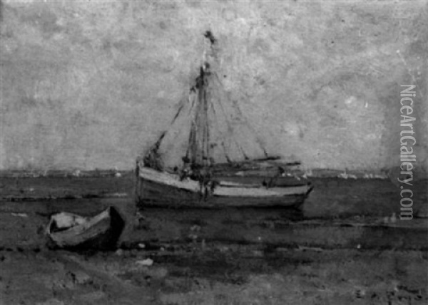 Schooner In The Water With A Beached Dinghy Oil Painting - Edward A. Page